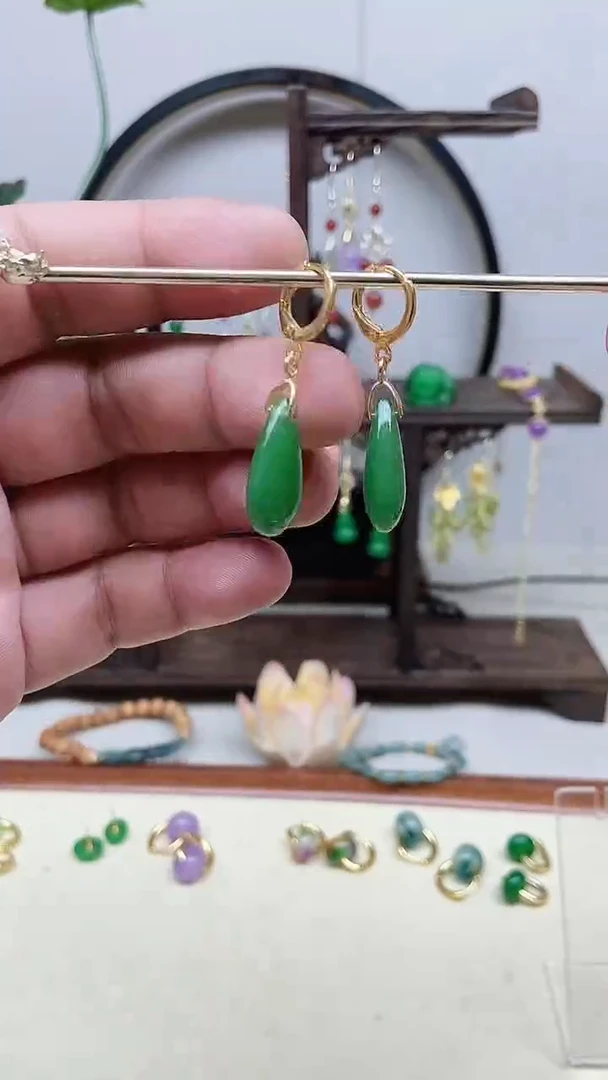 和田玉14K金镶嵌耳饰140号