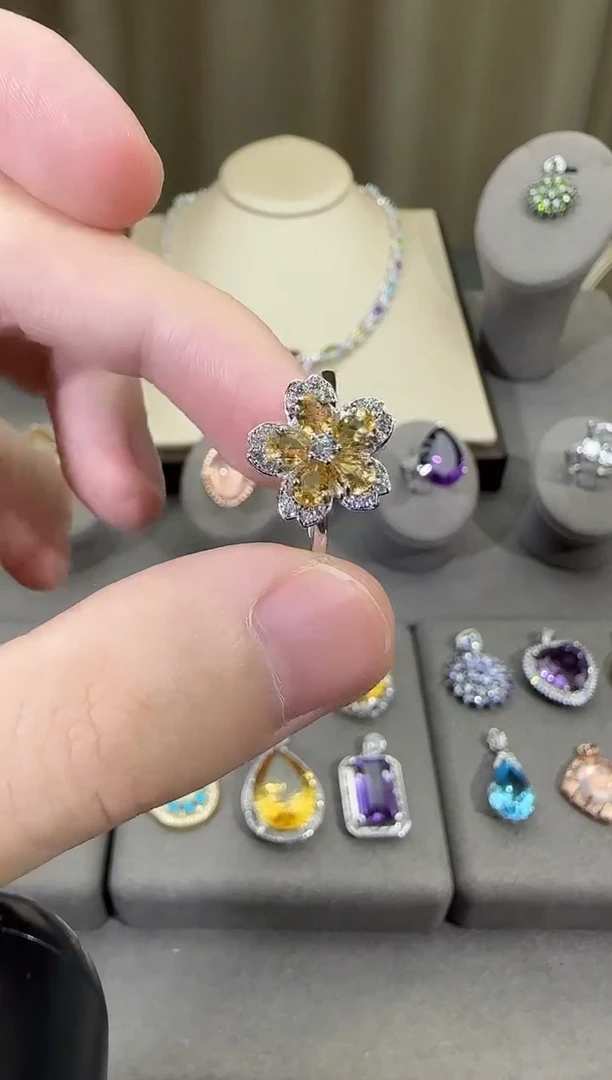 银S925镶嵌戒指黄晶10mm戒指简约款