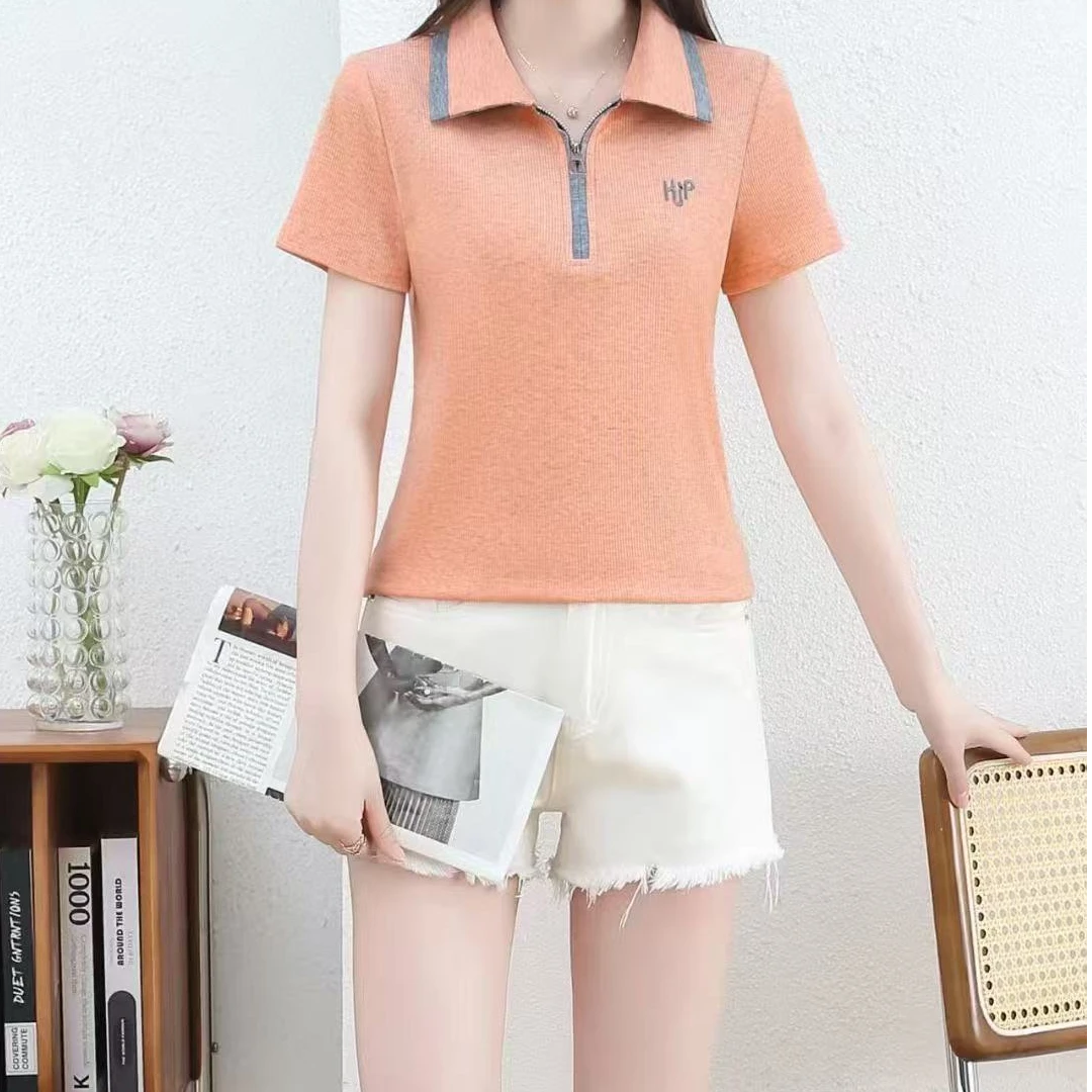 半开领修身休闲风女士拉链拼接时尚T恤百搭短袖夏季