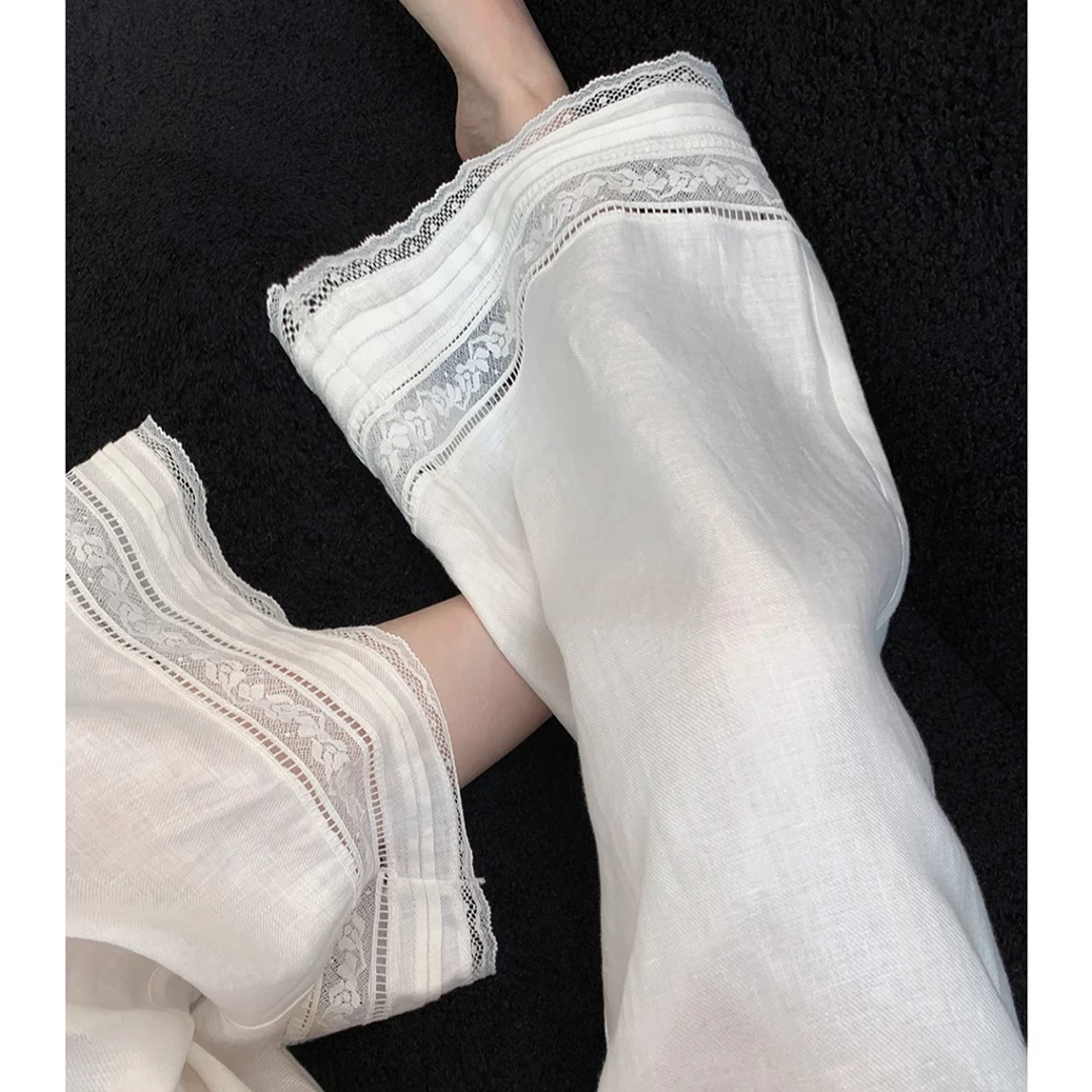 蕾丝花边刺绣棉麻休闲裤女秋季新款小个子宽松显瘦高腰阔腿九分裤