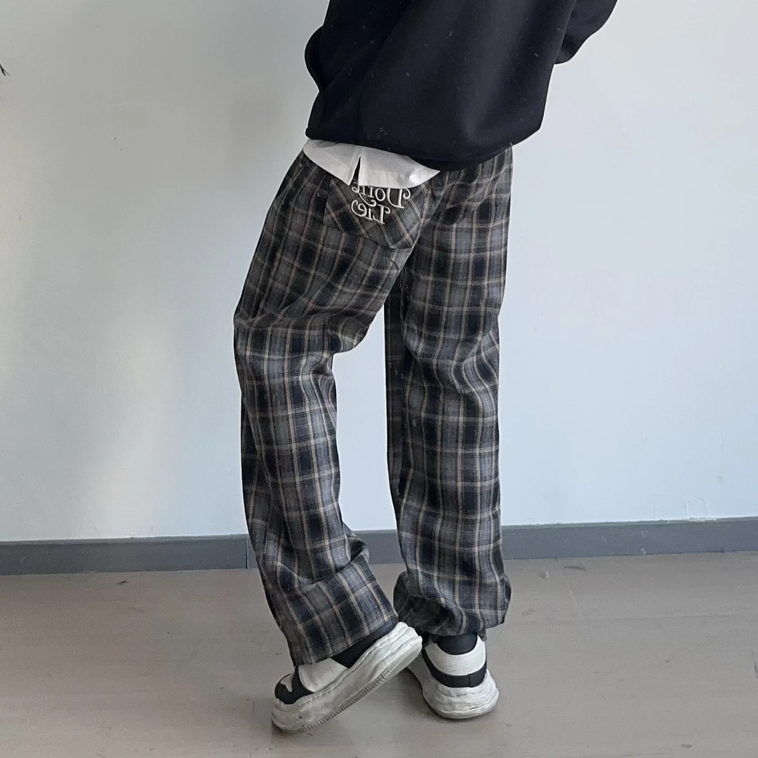 盘鹏飞 美式复古格子休闲裤男春款口袋刺绣卫裤宽松直筒廓形长裤