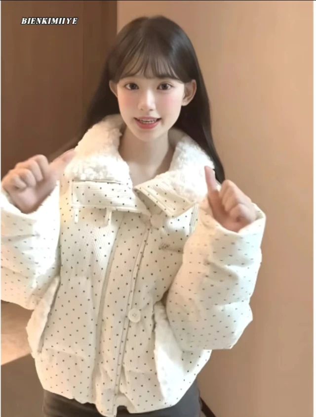 波点常规加绒加厚款短款棉服棉衣百搭加绒冬季甜美2503