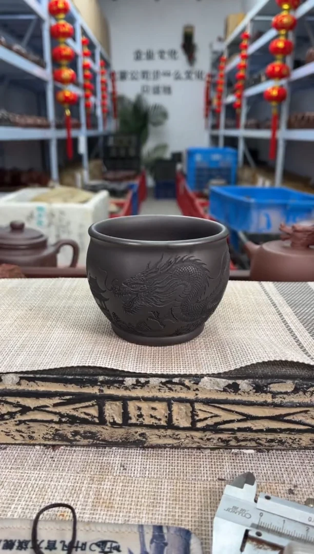 茶杯紫砂石黄刻龙缸杯主人杯泡沫装