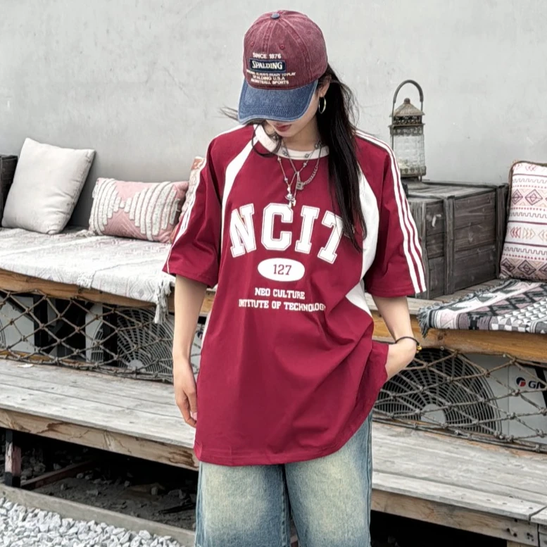 2025美式拼接英文字母短袖T恤女宽松显瘦百搭潮流上衣