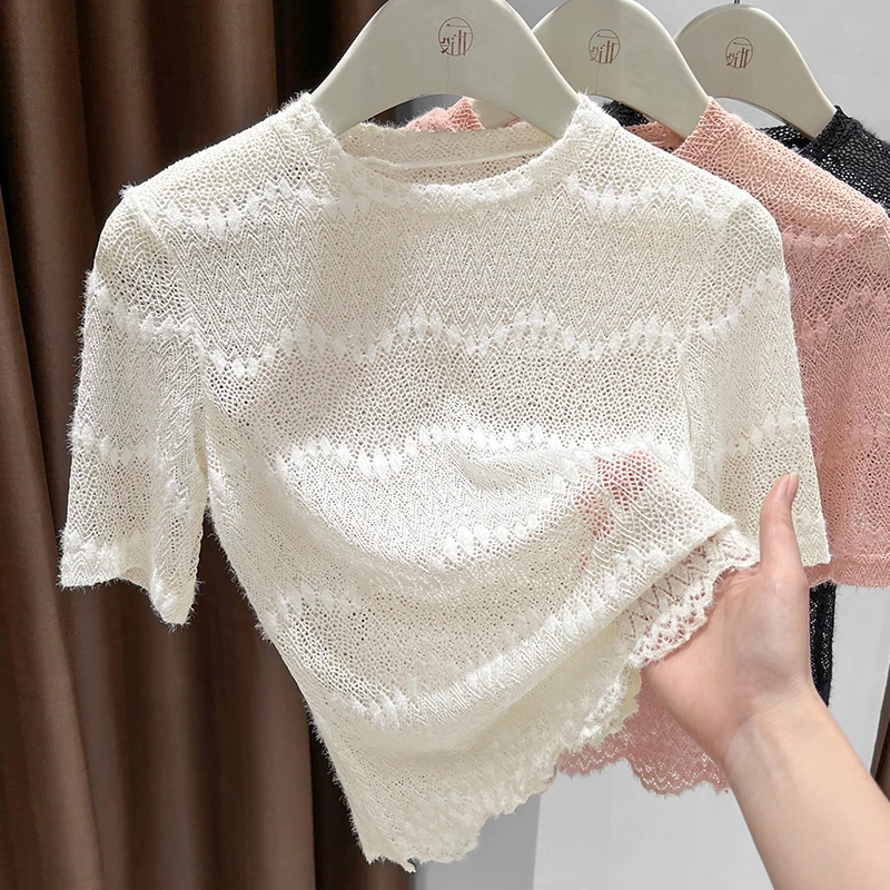 蕾丝白色短袖磨毛镂空打底衫女内搭2025春季洋气圆领短款套头上衣