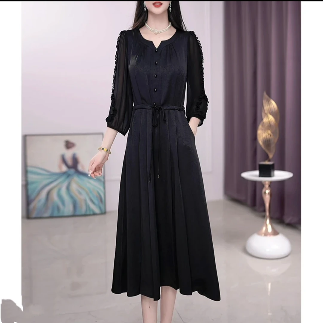 2025年黑色气质时尚优雅气质黑色收腰中长款连衣裙显瘦减龄M-5XL