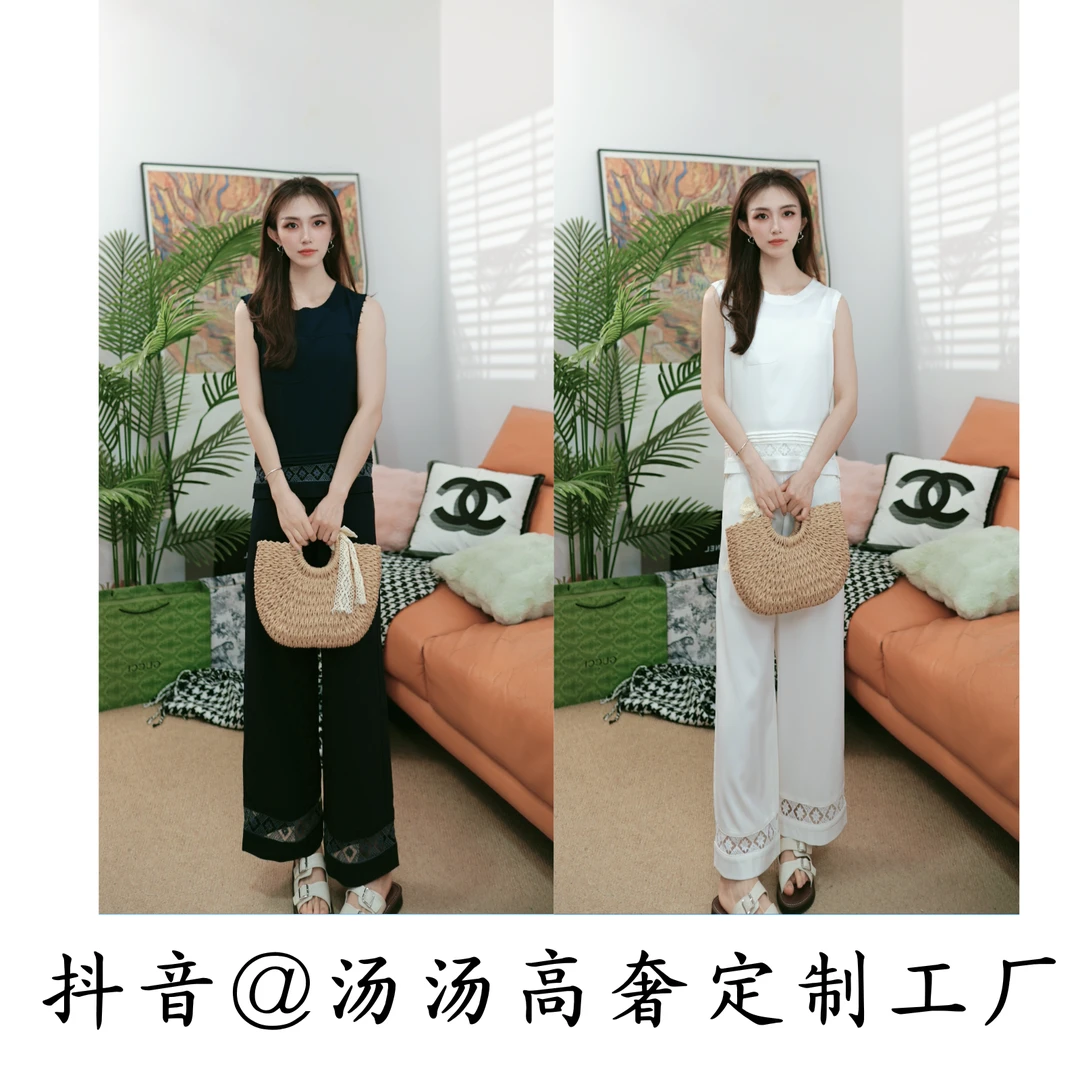 夏季新款设计感休闲套装百搭复古镂衬衫+高腰显瘦阔腿裤10320