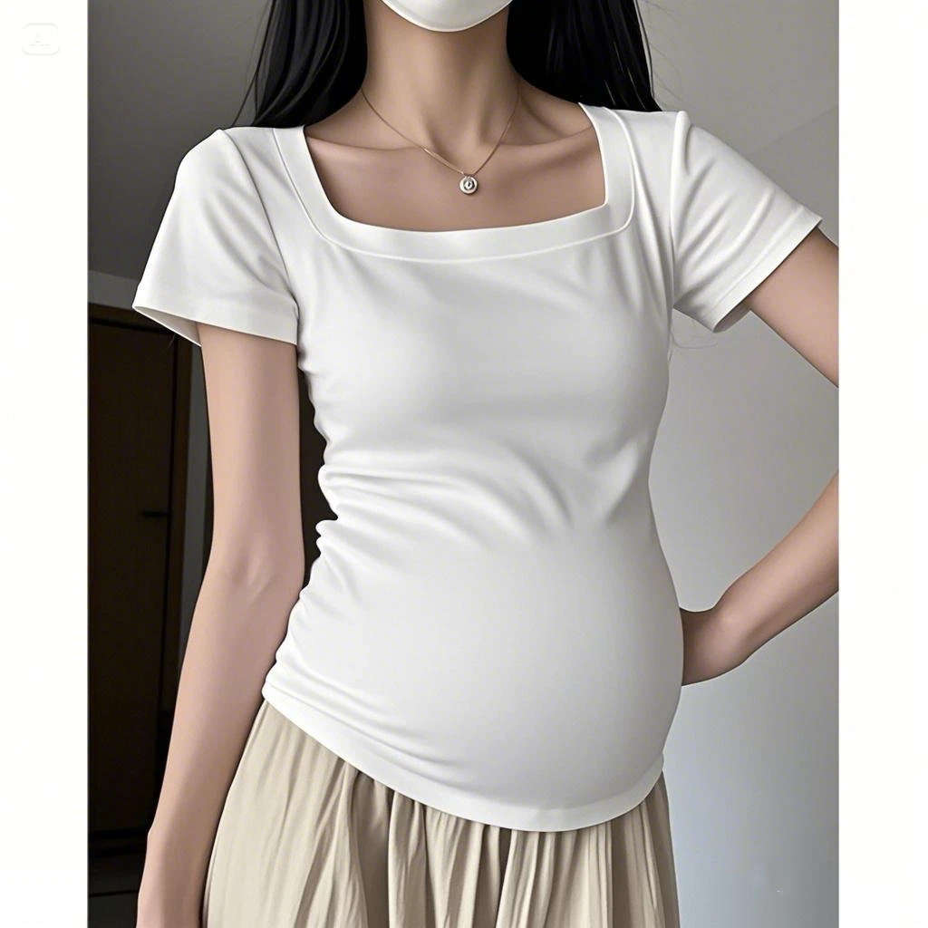 孕妇装上衣方领短袖夏季新款小众穿搭打底衫高腰收腰显瘦T恤薄衫