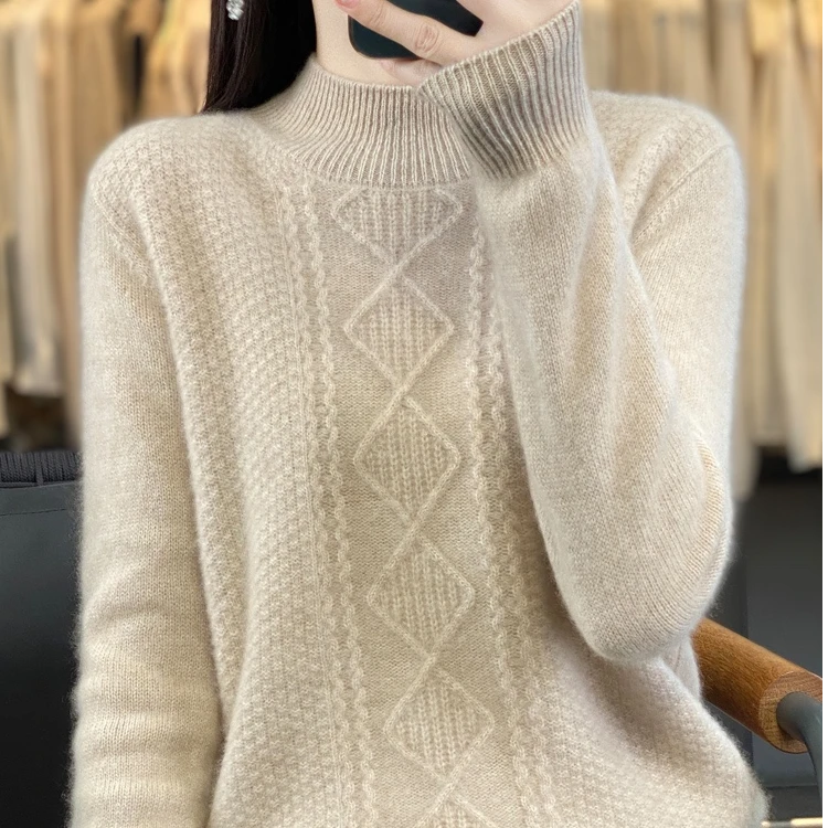 七针反正菱形加厚羊毛衫女半高领韩版时尚宽松气质打底毛衣