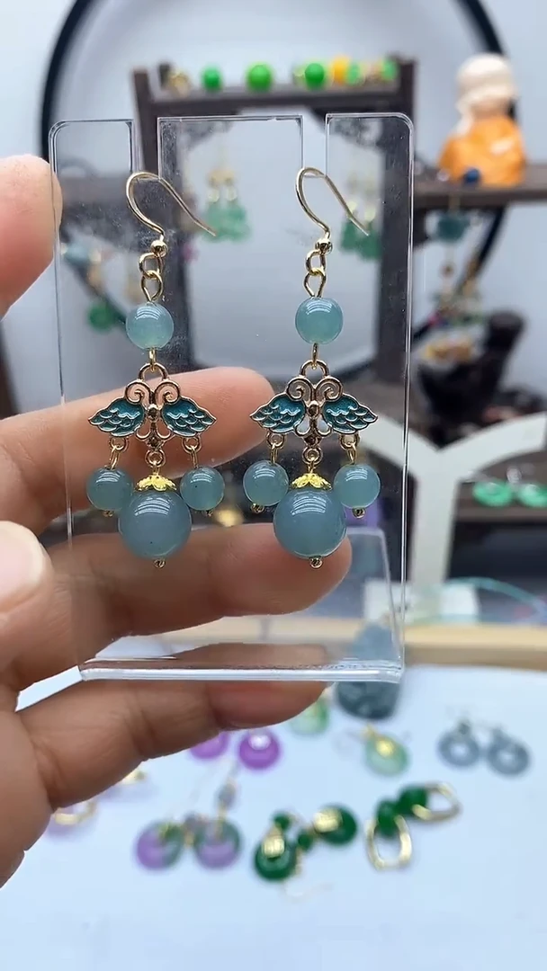 石英质玉（非洲翠）14K金镶嵌耳饰167