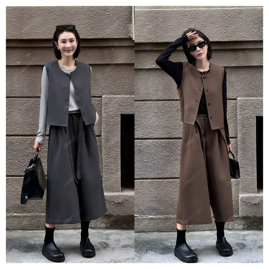 焦思文 秋季时尚洋气休闲百搭马甲T恤+8分裤三件套装250917Y1