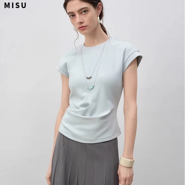 MISU小个子设计感短袖T恤女小众2025夏季新款显瘦圆领短上衣