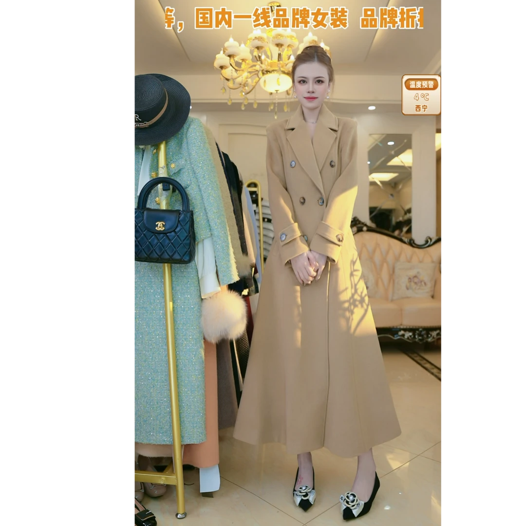 梦想服饰法式复古英伦呢子大衣秋冬长款气质收腰显瘦外套5008