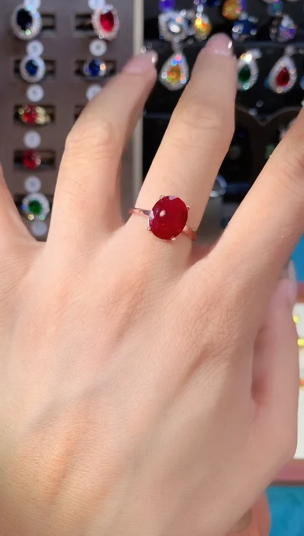 红宝石戒指银S925镶嵌911玫瑰金酒红