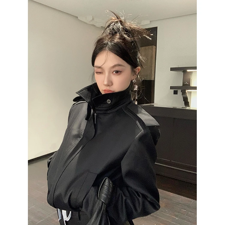 黑色立领阔肩外套女秋季新款个性纯色复古短款休闲百搭夹克上衣潮