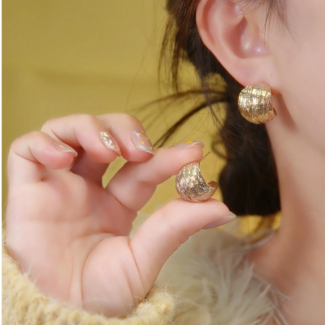 铜合金耳饰 925银针耳饰银色褶皱纹理耳钉女小众气质百搭耳环