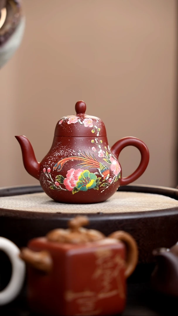 茶壶紫砂朱泥思婷泥绘花鸟