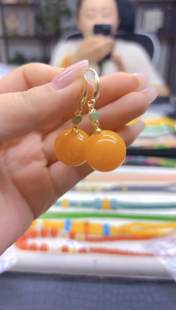 蜜蜡14K金镶嵌耳饰DIY款E893