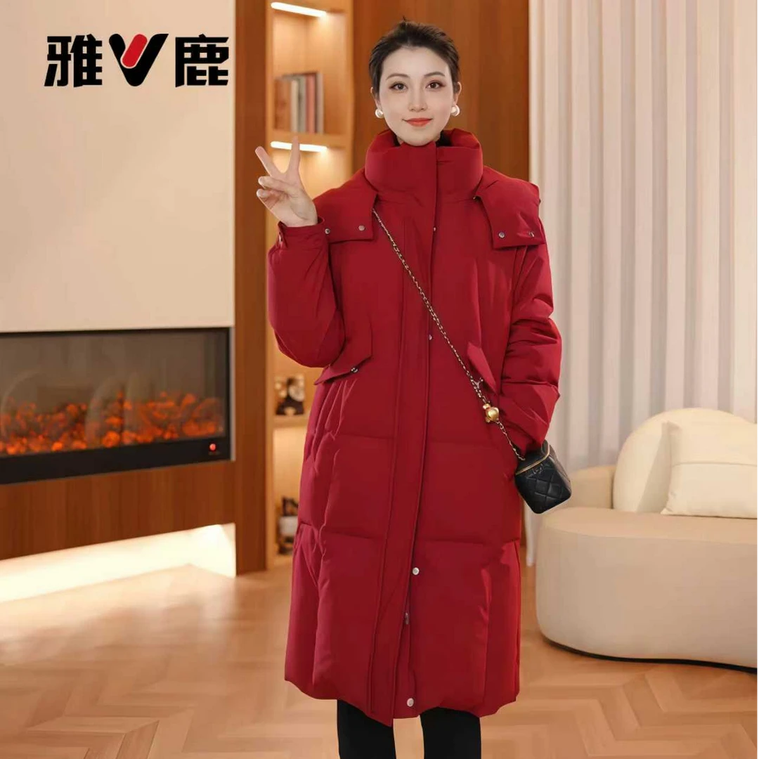 雅鹿25年新款冬季女士羽绒服时尚保暖加厚过膝羽绒服休闲连帽