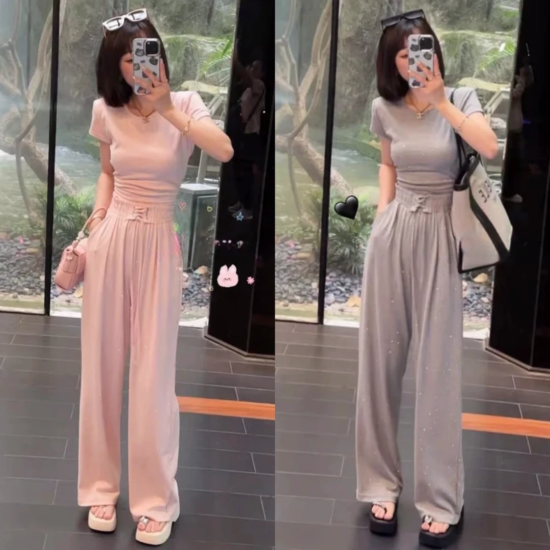 夏装穿搭一整套女纯欲风重工轻奢亮钻t恤高腰阔腿长裤运动两件套