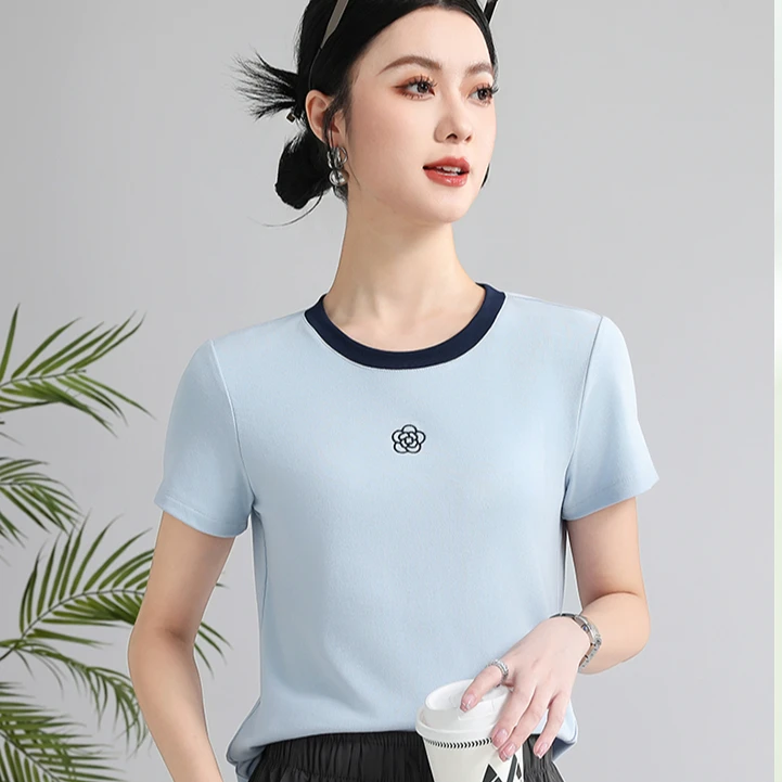 莱赛尔天丝+薄荷精华!撞色山茶花刺绣女款短袖!