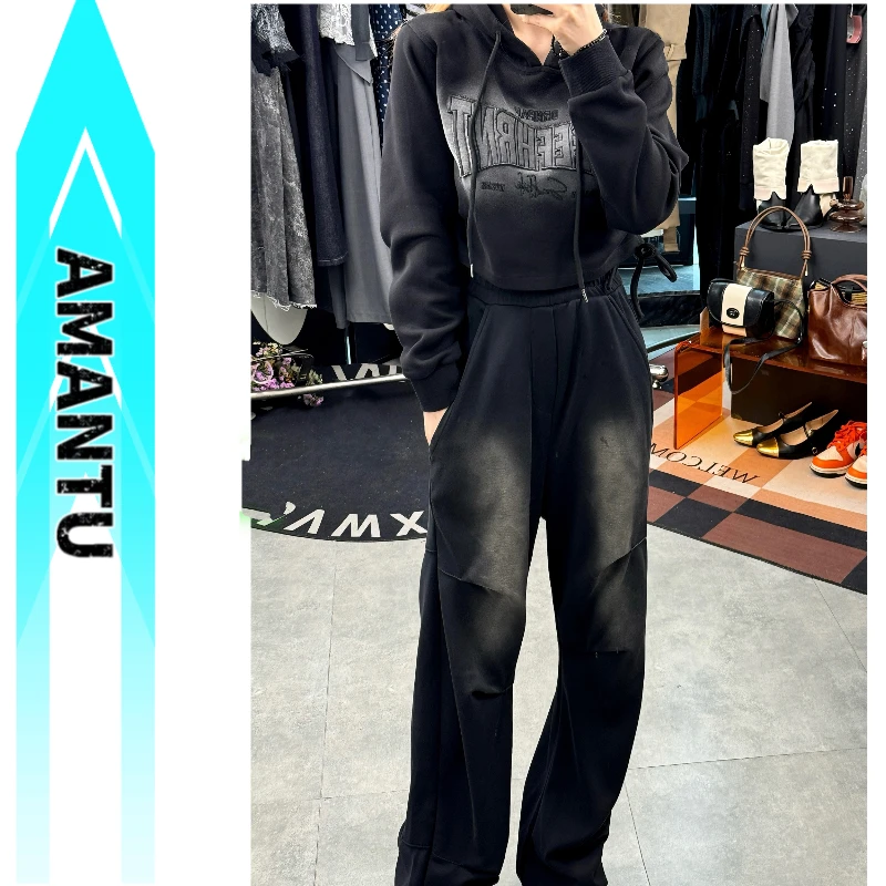 -买手店美式复古渐变短款套头连帽卫衣女秋季辣妹气质套装1472