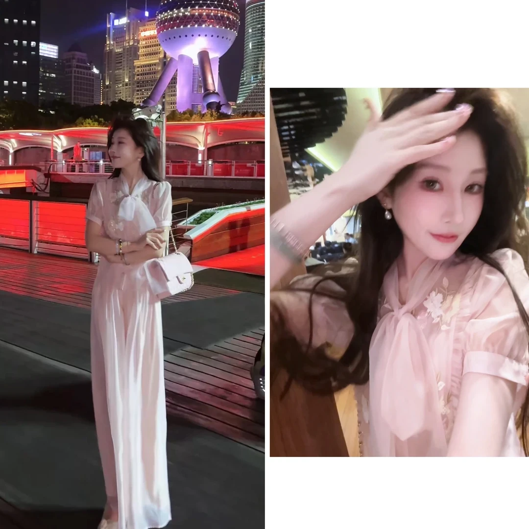 《浦东•华灯初上》中式刺绣系带重工珠纱上衣套装高腰显瘦阔腿裤女