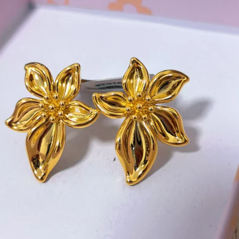 【小鹏黄金】足金999紫荆花耳钉5D工艺耳饰4.8