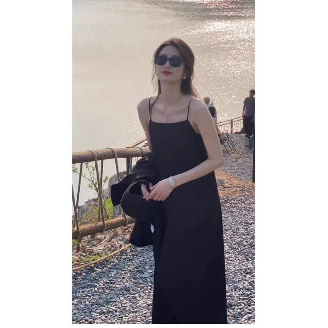 大码胖mm醋酸缎面法式吊带连衣裙女夏内搭气质开叉A字裙过膝长裙