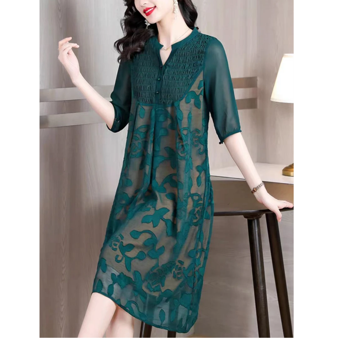 X0276 气质连衣裙女春显瘦收腰减龄遮肉休闲百褶圆领短袖A字裙子