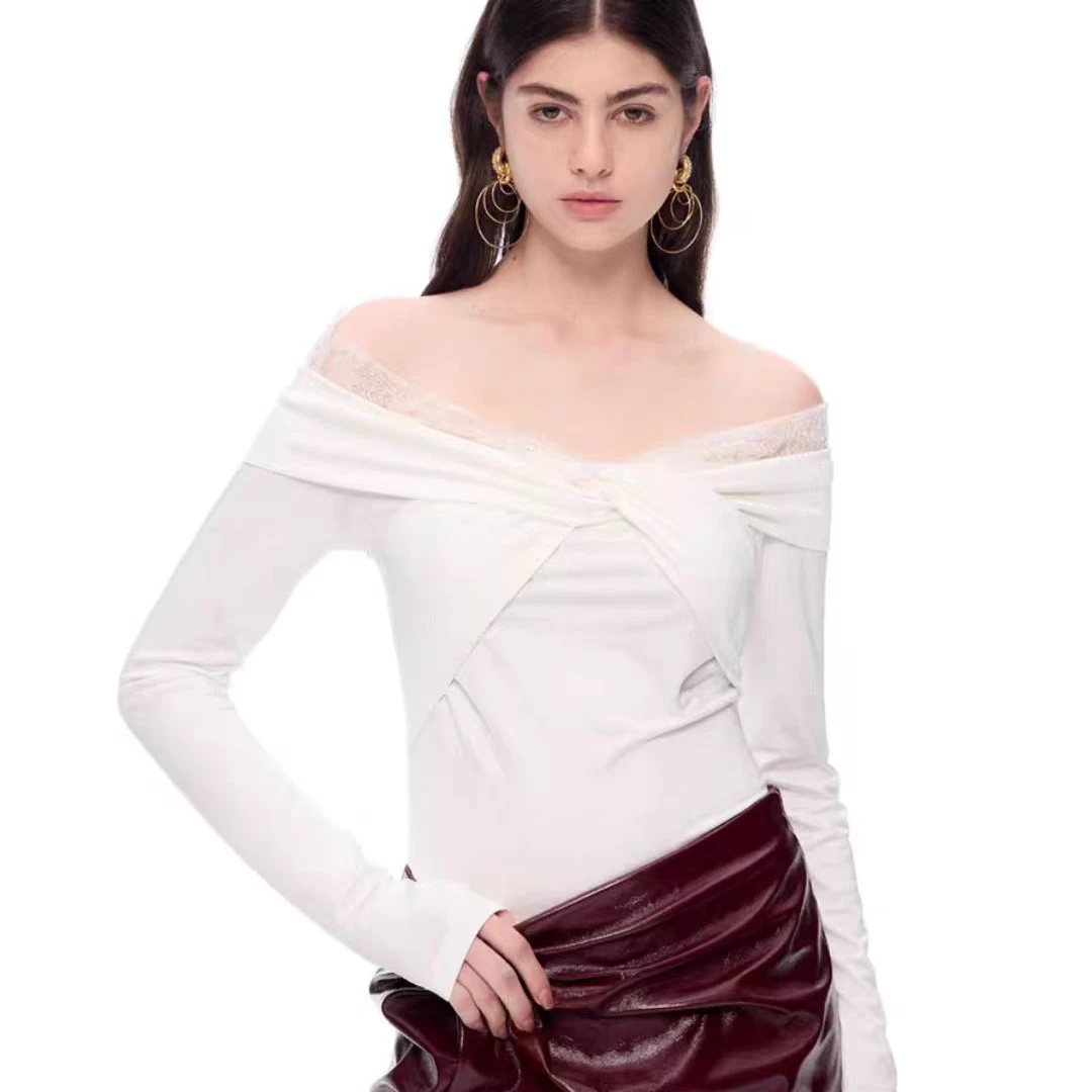 LEEWEI 设计师品牌「output」纽结拼蕾丝针织上衣