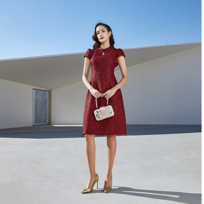25春夏轻奢提花红色礼服短款#YB90713H-10
