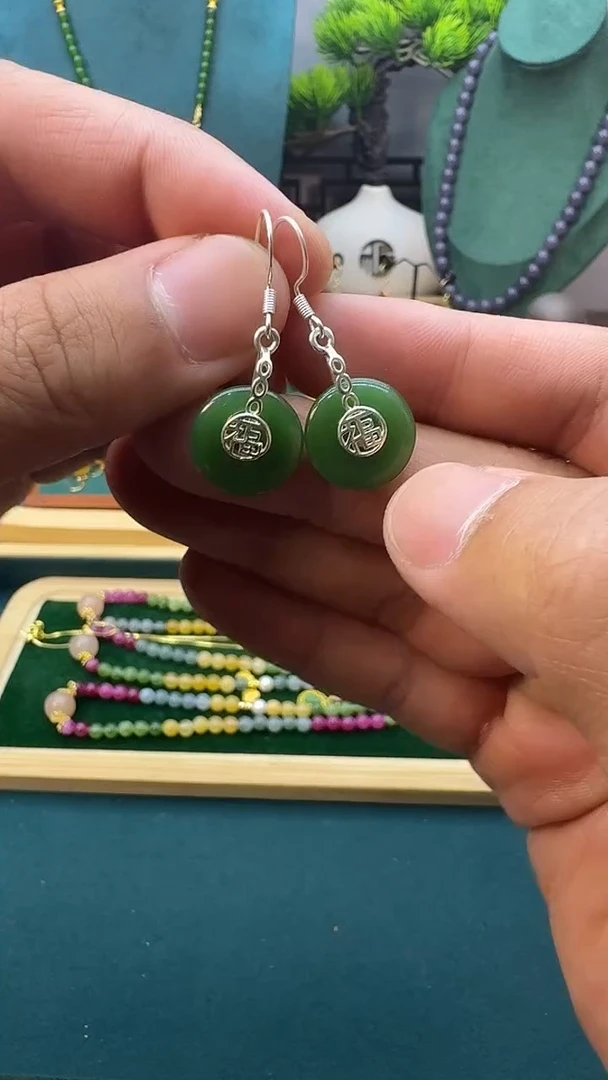 和田玉银S925镶嵌耳饰E141