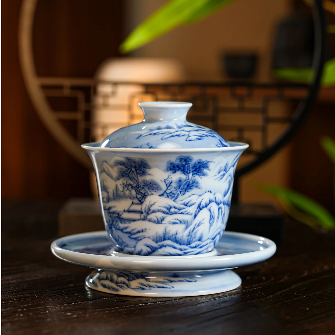 【墨舍名窑】预售15画堂春探雪图卷三才盖碗陶瓷家用茶盖碗 htc101