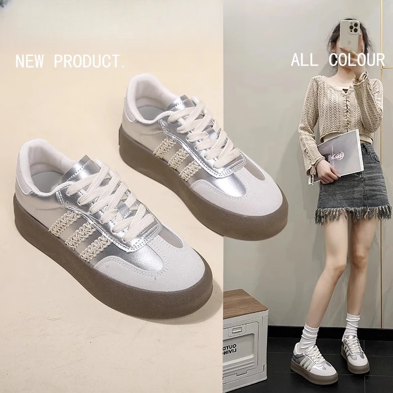 德训鞋女款银色2025新款夏季厚底增高小个子蕾丝休闲复古运动板鞋