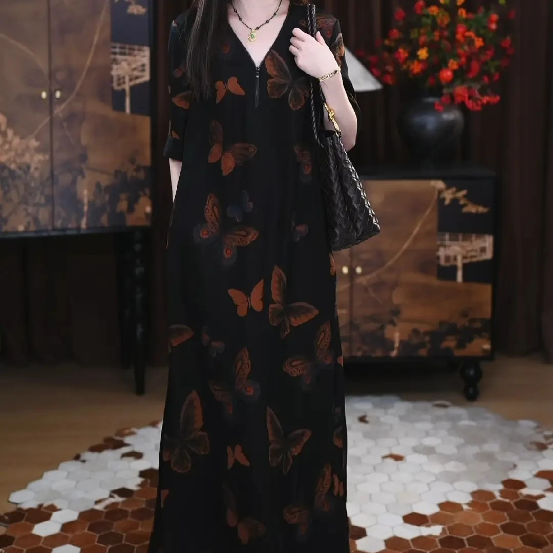 【静薇】香云纱新中式复古显瘦春夏宽松女士国风腔调长款休闲连衣裙