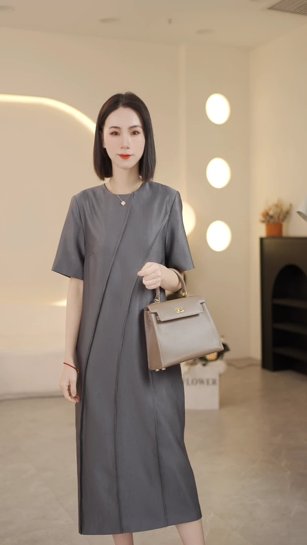 【C维密思】2025年春夏夏季休闲时尚显瘦中长款简约通勤气质连衣裙
