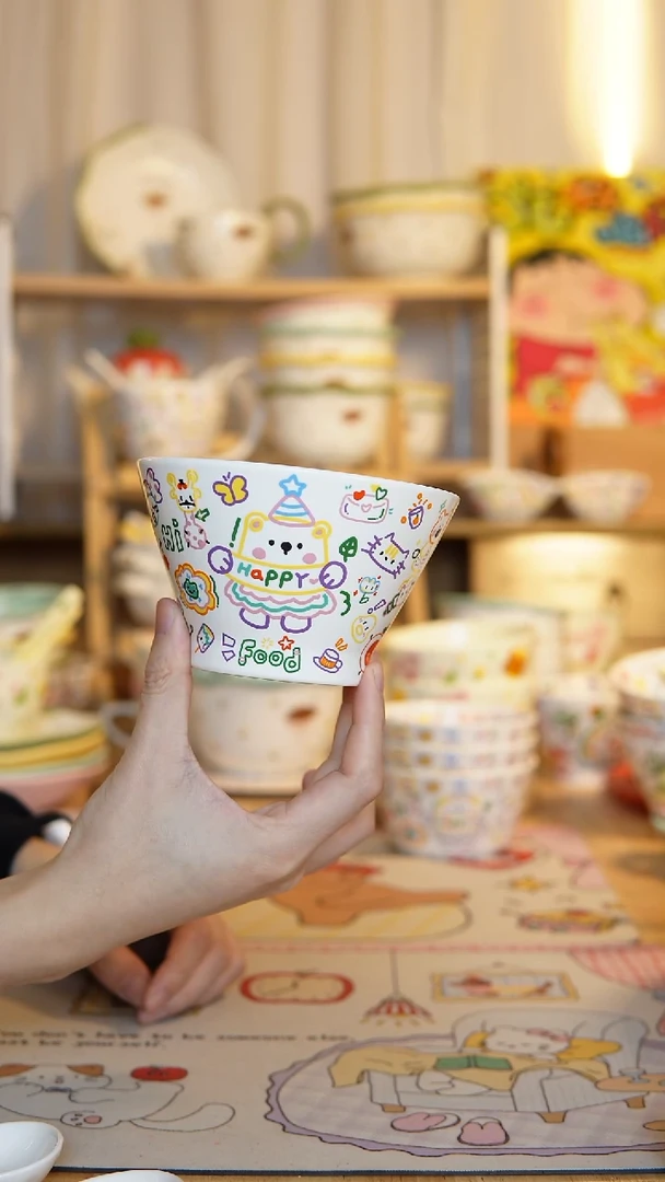 陶瓷单个快乐熊斗笠碗