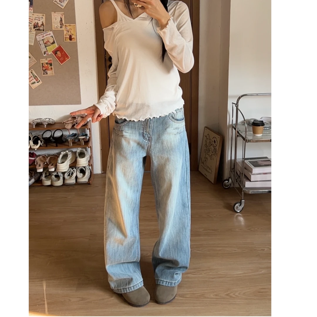 牛仔裤女2025夏季新款浅蓝色中腰阔腿裤子设计感显腿长直筒弯刀裤