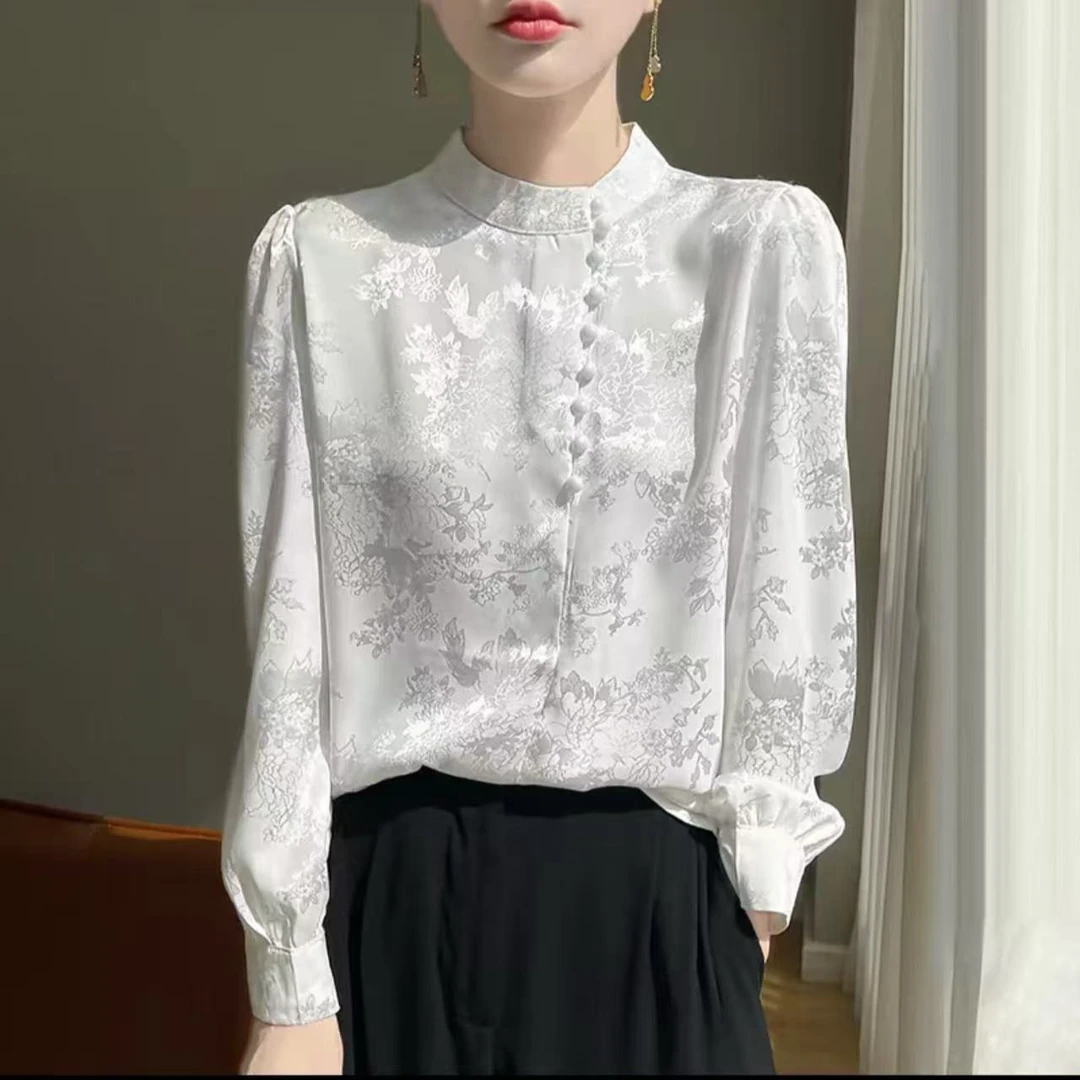 2025春夏女装新款缎面新中式立领长袖衬衫暗花小衫（869）