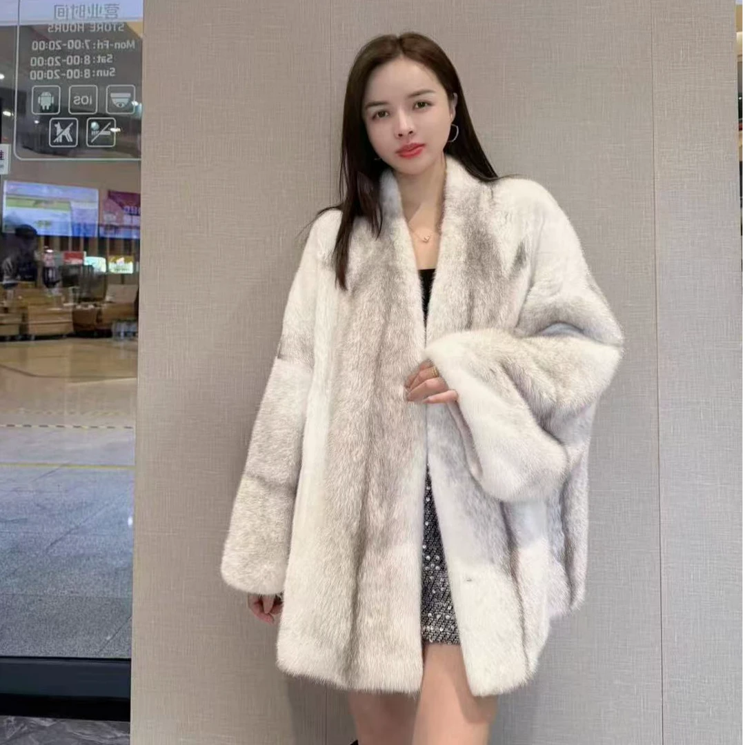 梵琴黛进口皇冠短二母貂整貂中长蝙蝠袖时尚气质慵懒水貂皮草外套