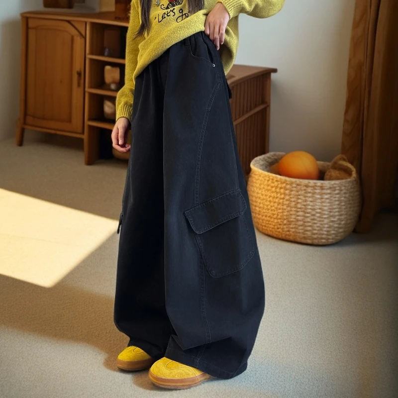 儿童秋装2025年新款大女童装弯刀裤子休闲工装裤春秋款阔腿直筒裤