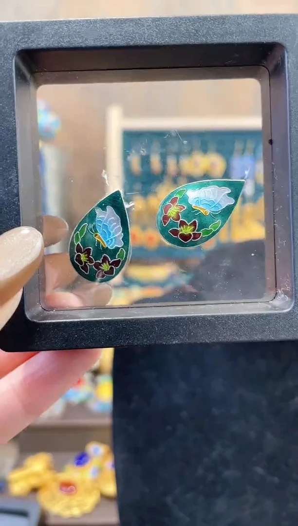 【闪购商品】非遗景泰蓝银胎耳钉绿色