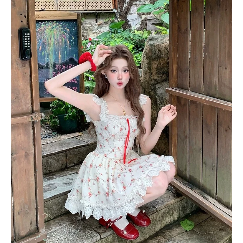 大码碎花甜美初恋设计感夏季连衣裙女气质吊带裙10908