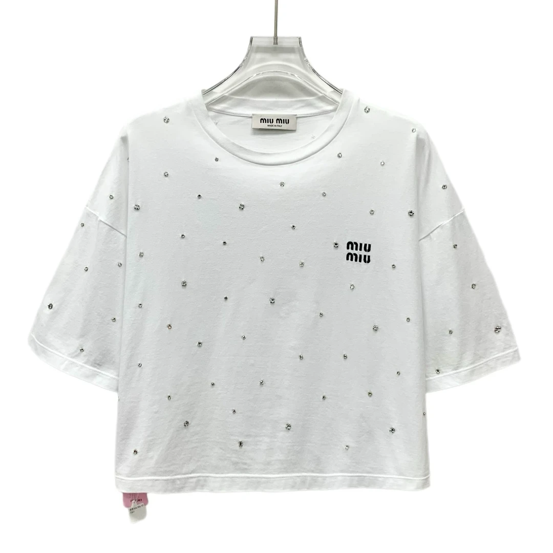 95新 MIU MIU/缪缪 FW0093 白色钉钻logo字母刺绣棉质短袖T恤 L码