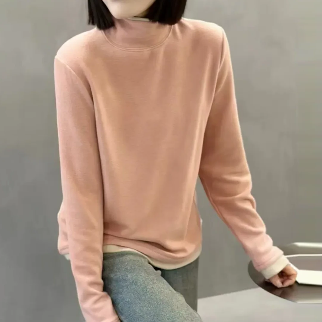 韩版拼色假两件德绒打底衫女2025春秋新款半高领百搭长袖显瘦上衣
