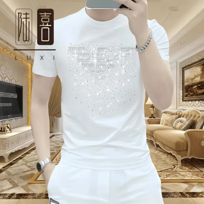 男士时尚夏季新款冰丝潮流修身白色轻奢休闲百搭圆领帅气短袖T恤