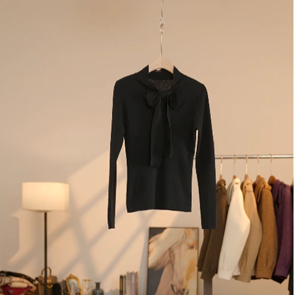 2026上新秋冬款黑色系带领长袖修身蝴蝶结打底衫T2551