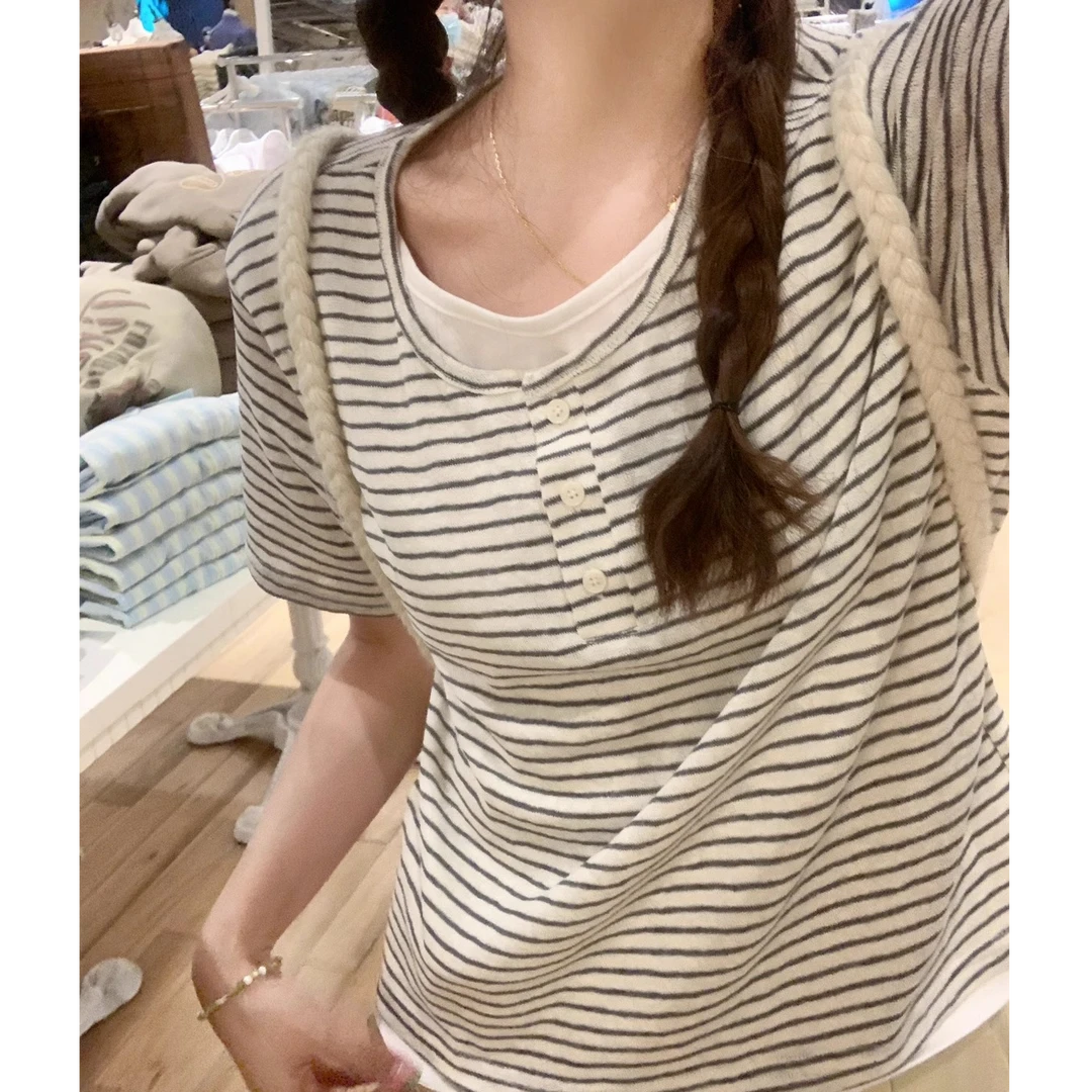 高端货~假两件条纹短袖T恤女夏季圆领正肩气质百搭打底小衫上衣