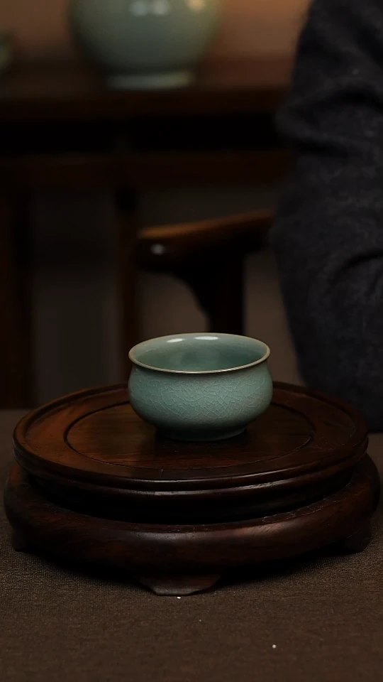 瓷片仿古青绿釉全手工炉式杯90ml 一级 礼盒包装